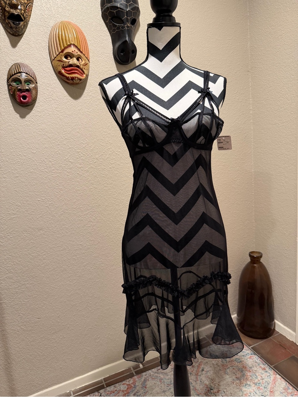 Y2K Frederick's of Hollywood Black Sheer Chevron Mesh Slip